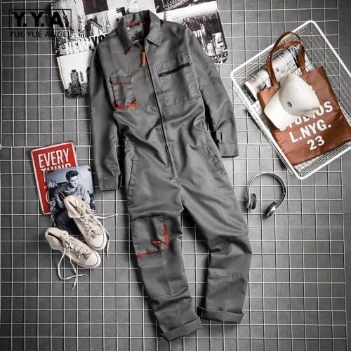Vintage Harajuka Mens Long Sleeve Cargo Overalls Zipper Fly Pockets Rompers Mens Jumpsuit Fashion Loose Casual Plus Size S-4XL