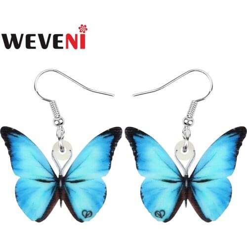 WEVENI Acrylic Blue Morpho Butterfly Earrings Big Cute Insect Animal Dangle Drop Jewelry For Women Girls Kids Gift Decoration