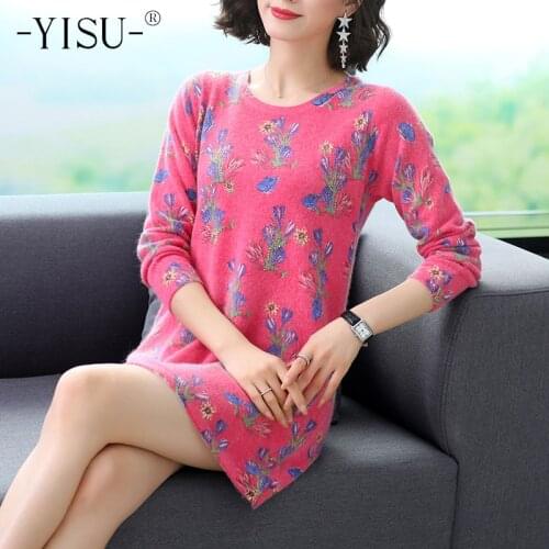 YISU Knitted Sweater Dress Women Autumn Winter Causal Jumper Long Sleeve Loose Long Dress Flower print pattern Sweater Dress