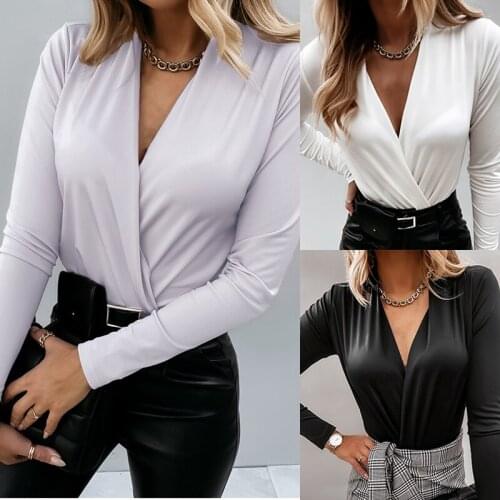 WomenS Fashion Sexy Solid Color Long Sleeve V-Neck Solid Color Shirt Top