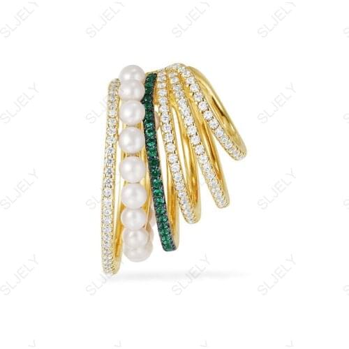 Women 925 Sterling Silver Mono Yellow Gold Color White & Green Six Hoop Circles Ear Bone Clip with Pearl No Pierced Cuff Earring