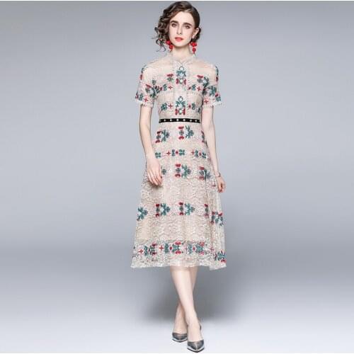 Fashion Runway Summer Midi Dress Women Short sleeve Gorgeous Lace Flower Embroidery A Line Elegant Party Dress k9958