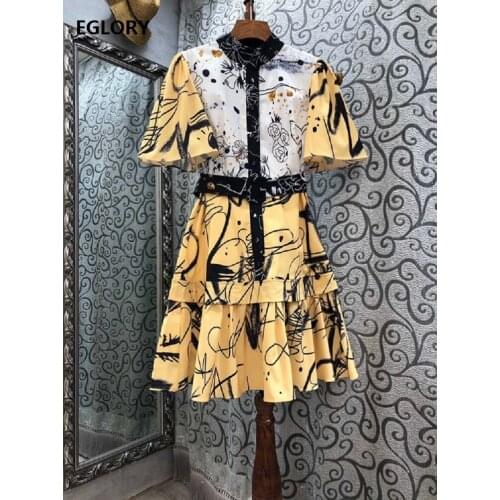 European Style 2021 Spring Summer Fashion Dresses High Quality Women Color Block Print Flare Sleeve Casual Runway Dress Club