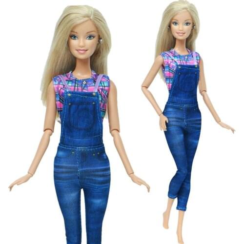 Handmade 1 Set Sleeveless Color Shirt Blue Overalls Casual Outfit Clothes Accessories for Barbie Doll Kids Toy
