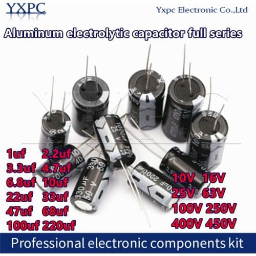 20pcs 10V 16V 25V 63V 100V 250V 400V 450V Aluminum Capacitor 1uF 2.2uF 3.3uF 4.7uF 6.8uF 10uF 22uF 33uF 47uF 68uF 100uF 220