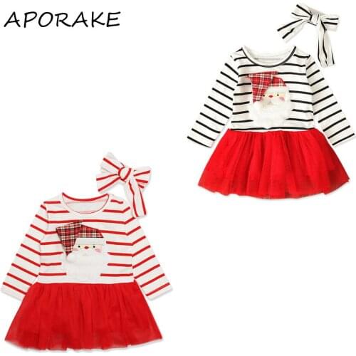 2020 0-4Y Casual Toddler Baby Girl Xmas Dress Cartoon Santas Stripe Long Sleeve Red Tulle Tutu Dress Festival Clothes Party 2pcs