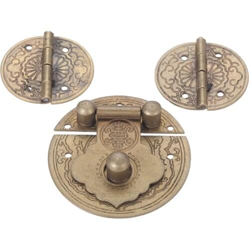 3pcs/set 36mm European Mini Wooden Box Vase Buckle Hasp Latch Lock With Decorative Hinges Vintage Brass Lock Set