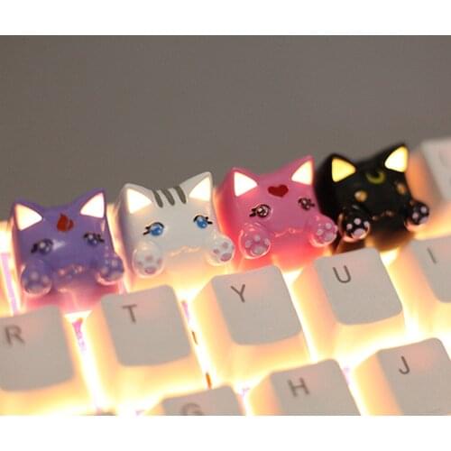 3D Resin White Purple Pink Black Cute Cartoon Cat Design Backlit Keycaps For Cherry Mx Switch Mechanical Gaming Keyboard