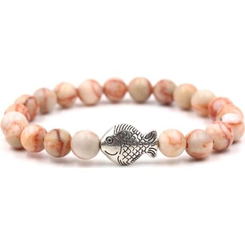 8mm hrg2 ball elastic thread adjusted nature black stone volcanic lava bead Metal fish Bracelet Reiki Chakra Fashion Jewelry