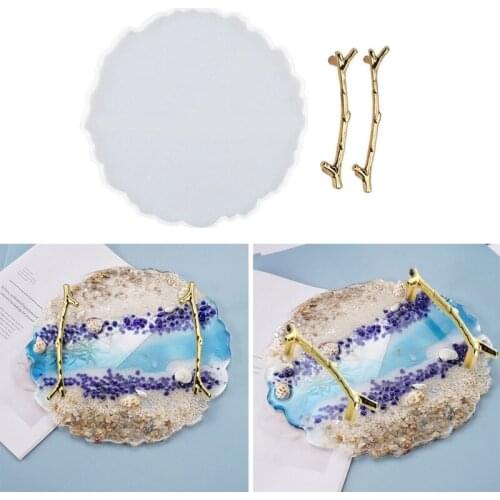 Irregular Round Silicone Resin Tray Mold with 2 Pcs Gold Handles Fruit Geode Platter Molds Resin Faux Agate Tray Molds