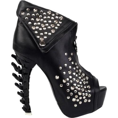 LF80632 Peep Toe Punk Zip Stud Skull High-top Bone Heel Platform Sandal Ankle Boot Black