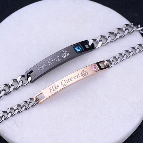 Stainless steel couple bracelet fashion Her King His Queen charm chain bracelet with zircon wedding birthday party gift