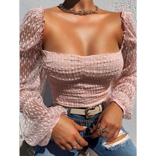 Elegant Spring Autumn Tops Women Shirt Blouse Puff Long Sleeve Lace Tulle Square Collar Sexy Crop Shirt Women Lady Streetwear