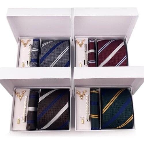 GUSLESON 20 STYLES Tie Set Hanky Tie clip brooch With Gift Box 6-piece set stripe Neckties Set For Men Wedding Party accessories