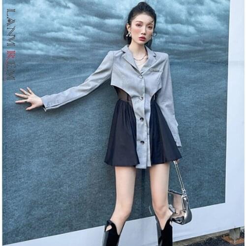 LANMREM Mesh Patchwork Dress For Women 2021 Autumn New Design Long Sleeve Single Breasted Stitching Mini Dresses 2W283
