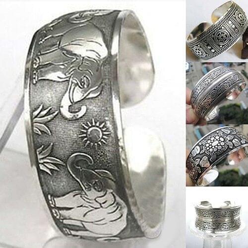 2017 Hot Selling Vintage Tibetan Silver Elephant Carved Open Bangle Cuff Wide Bracelet Jewelry