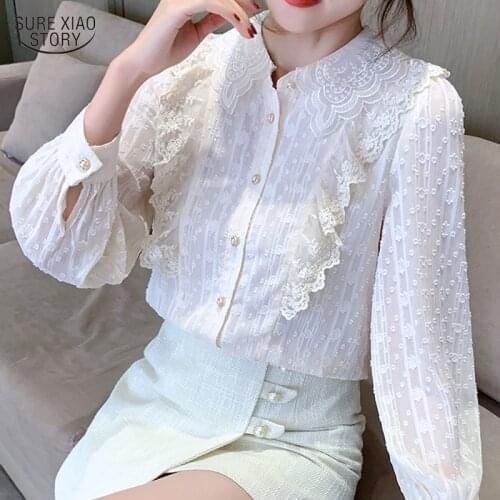 Sweet Lace Chiffon Shirt Woman Autumn Long-sleeved Solid Lapel Blouse Woman Elegant Gentle Casual Embroidery Woman Blouses 16378