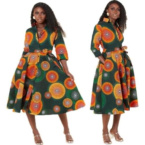 Fashion Lapel 2/3 Sleeve African Dress Women African Clothes Party Evening African Dresses for Women Traditional Casual Clothing