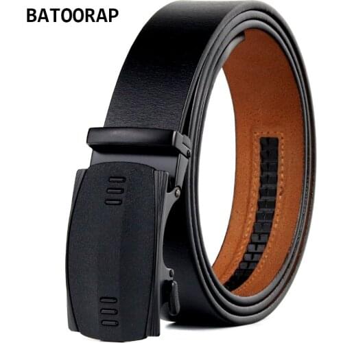 BATOORAPMens Leather Belt Luxury Designer Fornal Waist Strap Male Fashion Automatic Buckle Alloy Black Western Ratchet Belt New