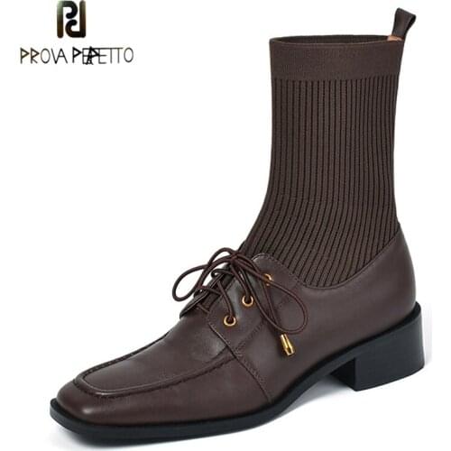 Autumn and Winter Cowhide Stitching Knitted Elastic Socks Boots Square Toe Thick Heel Lace Short Boots Retro Socks Shoes
