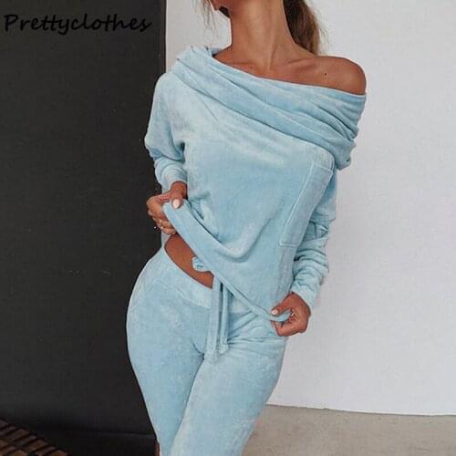 Autumn And Winter One-Neck Long-Sleeve Shirt Bowknot Body Leisure Gold Velvet Suit Womens Sweatshirt Female Clothing Women Sets