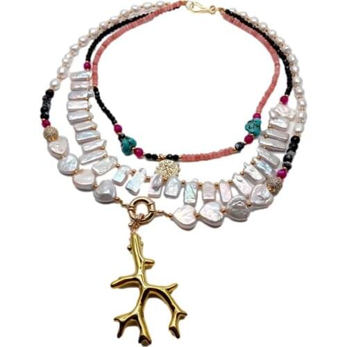 YYGEM 3 Strands natural multi shape Freshwater Pearl Jade Agate Turquoise Necklace Resin Golden Coral Pendant 19"