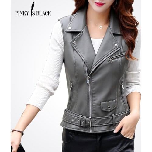 PinkyIsBlack Women PU Leather Vest Ladies Tactical Leather Motorcycle Vest Pocket Vest Waistcoat Female Sleeveless Waistcoat