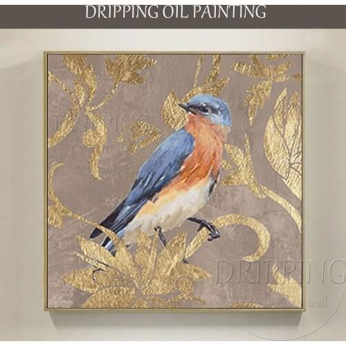 Gifted Artist Hand-painted Lovely Animal Bird with Gold Foil Oil Painting Beautiful Lovely Bird with Gold Foil Leaves Painting