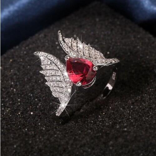 Size 6-10 Drop Shipping New Arrival Luxury Jewelry 925 Sterling Silver Water Drop Ruby Gemstones Pave CZ Women Wedding Wing Ring