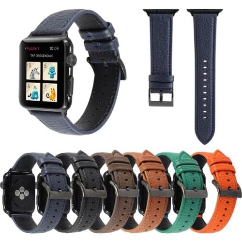 Lychee Grain Genuine Leather Watchband For Apple Watch 6 5 4 3 2 1 SE Classic Pattern Watch Strap For iWatch 44mm 40mm 42mm 38mm