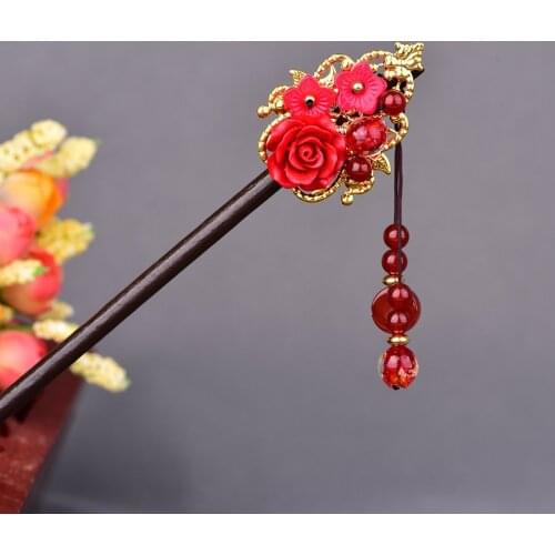 Retro Ethnic Style Exquisite Golden Sand Coloured Glaze Princess Step Shake Chinese Ancient Powder Crystal Rose Hair Sticks