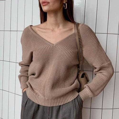 V Neck Sweater Women Oversize Fashion Sweater Female Vintage Autumn Winter Thick Knit Pullover Women Solid Knitted Jumpers New