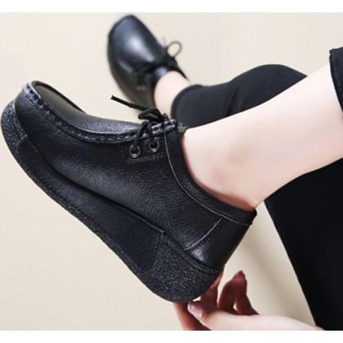 EAGSITY Genuine leather shoes women platform wedges Heel lace up ladies outdoor walking height increasing casual shoes cute