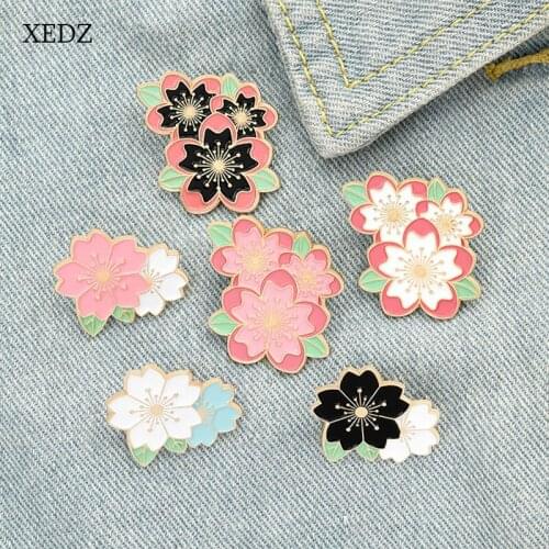 XEDZ Cartoon Beautiful Cherry Blossom Flower Cluster Enamel Brooch Fashion White/Pink/Black Flower Plant Clothing Badge Jewelry