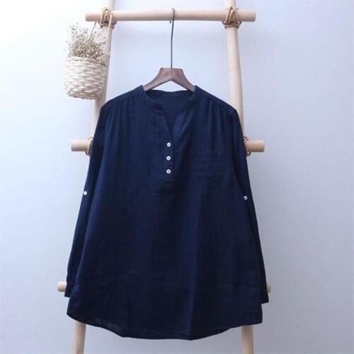 Casual 100% Cotton Blouse Femme Tops New Arrival Spring Autumn Arts Style Women Long Sleeve Loose V-Neck Shirts All-Matched