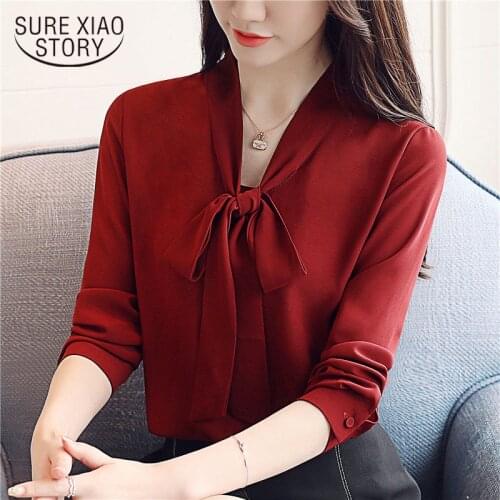 2021 Spring New Women Blouse Autumn Long Sleeves Bow Tie Ribbon Chiffon Shirts Korean Style Women Tops White Blouse Slim Blusa
