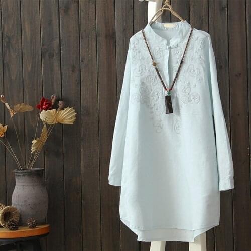 Cotton Linen Embroidery Women Shirts Autumn Ruffles Long-Sleeved Straight Loose Female Outwear Coats Tops