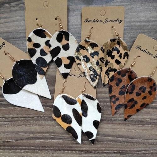 Bohemian Western Style Genuine Leather Cow Color Horsehair Leopard Leaf Drop Earrings for Women