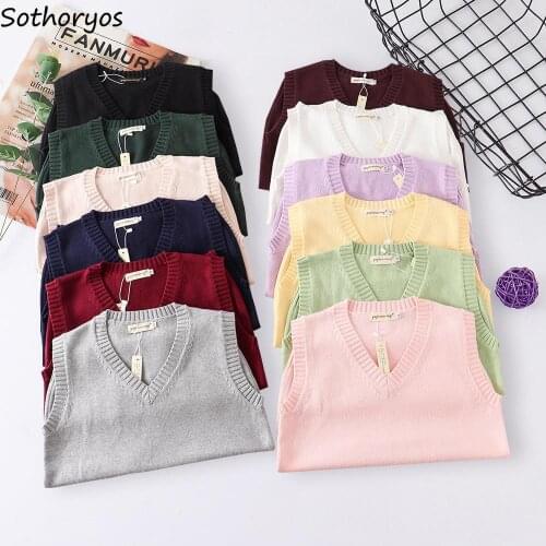 Women Sweater Vests Solid Knitted Jumpers Fashion Loose Casual Preppy Style Students Simple Basic Daily All-match Retro Sweet