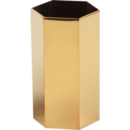 Nordic Gold Pen Holder Vase Hexagonal Shape Diamond Makeup Brush Storage Box Organizer Golden Flower Vase Metal Table Decoration