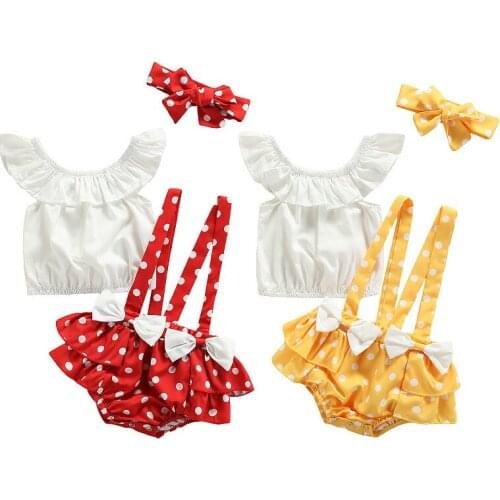 2 Colors Summer Baby Girls 3pcs Clothes Sets Ruffles Short Sleeve Off Shoulder T Shirts Polka Dot Overalls Shorts