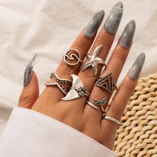 7Pcs/Set Fishtail Triangle Spray Starfish Rings For Women 2021 Vintage Finger Rings Hit Ring For Girl Party