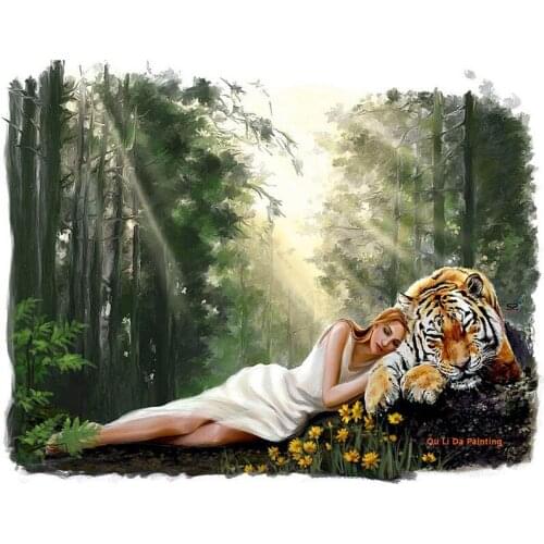 Free shipping sexy women and tiger forest landscape oil painting canvas printings on canvas home wall art decoration pictures