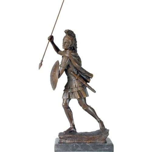 Bronze Warrior with Spear and Shield Sculpture Antique Europe Soldier Brass Figurine Art Office Desktop Decoration