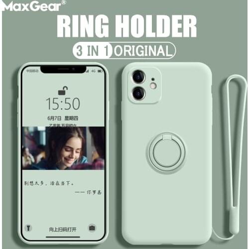 Ring Case For iPhone 12 Liquid Silicone Holder Cover For iPhone 11 Pro Xs Max XR X 6 6s 7 8 Pluse SE Stand Coque With Hand Strap