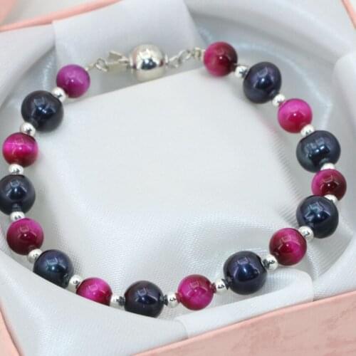 7-8mm Black Round Beads Natural Pearl 6mm Red Tiger Stone Bracelets Antique Style Original Jewelry Lady Chain 7.5inch B2749
