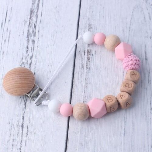Personalized Custom Name Baby Teething Toy Wood Silicone Beads Pacifier Clip Dummy Chain Holder Nipple Soother Chains Baby Chew