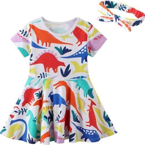 Jumping Meters New 2021 Dinosaurs Print Princess Summer Dresses Fashion Short Sleeve Childrens Clothes Hot Selling Kids Costume