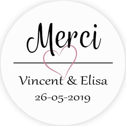 DouxArt 100 Pieces Custom Personalized, Wedding Stickers - Merci, 40mm Wedding Baptism Event Communion Gift Labels Seals P072