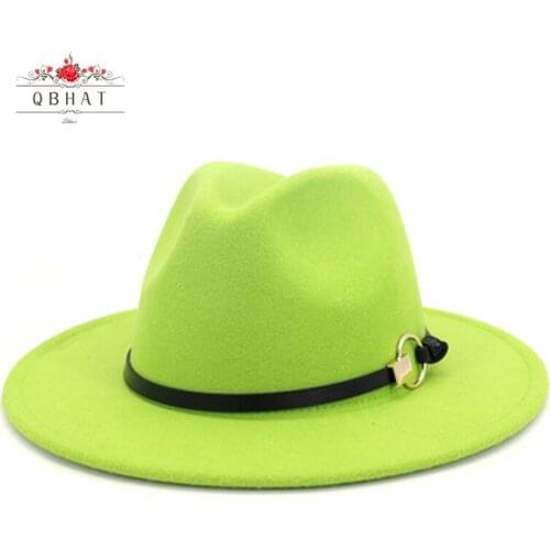 QBHAT Wool Felt Jazz Cap Hat Wide Brim Panama Fedora Hats Men Women Unisex Trilby Fascinator Church Formal white green Hat